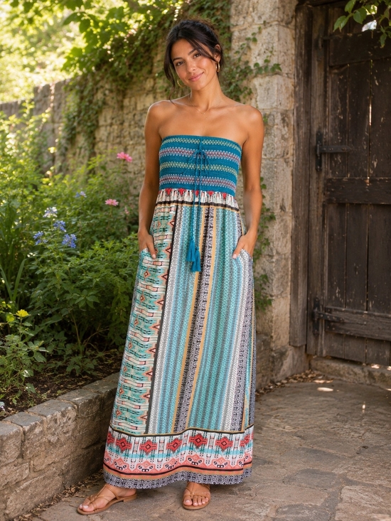 Flying Tomato Dresses & Skirts - Flying Tomato Strapless Teal, Coral & Aqua Printed Maxi Dress